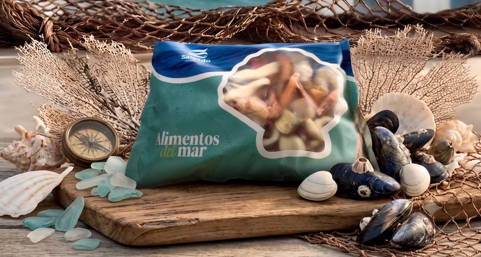 Bolsa Salgado de alimentos del mar en una composición marinera